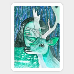 Psychedelic wild deer and girl Sticker